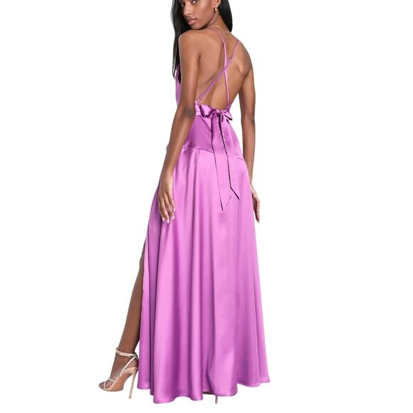 Lulu’s NWT Wonderful Allure Purple Satin Backless Cowl Neck Maxi Cocktail Dress - Picture 3 of 14